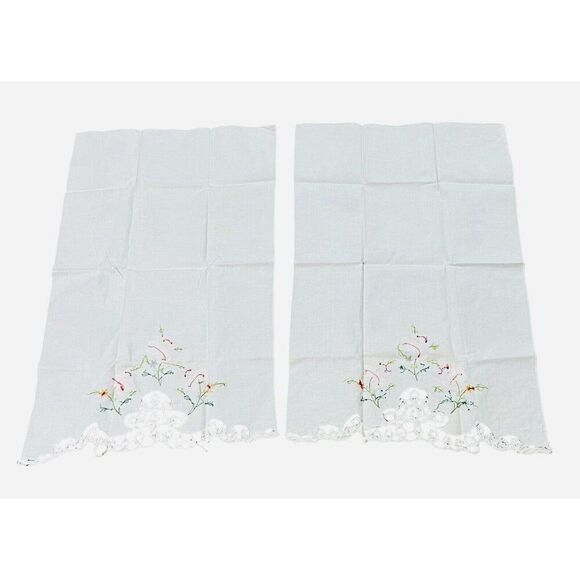 Vintage Pink Flower Linen Tea Towels Set 2 Lace Edge 22x14 Appliqué Embroidered - Picture 10 of 16